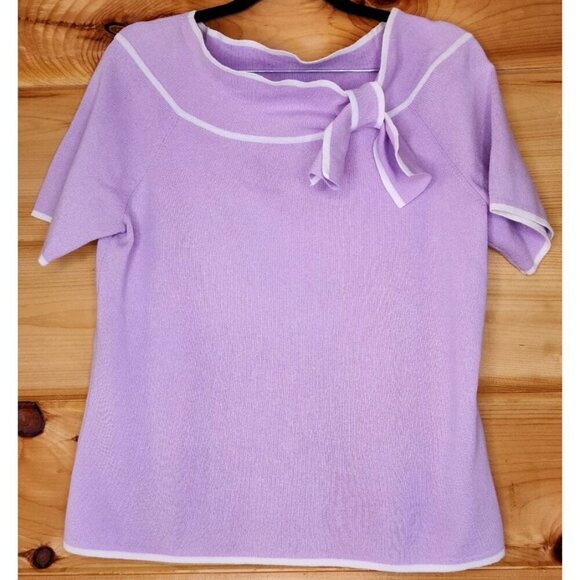 Designer Originals Purple White Trim Short Sleeve Knit Top Sweater Bow Large - Picture 4 of 16